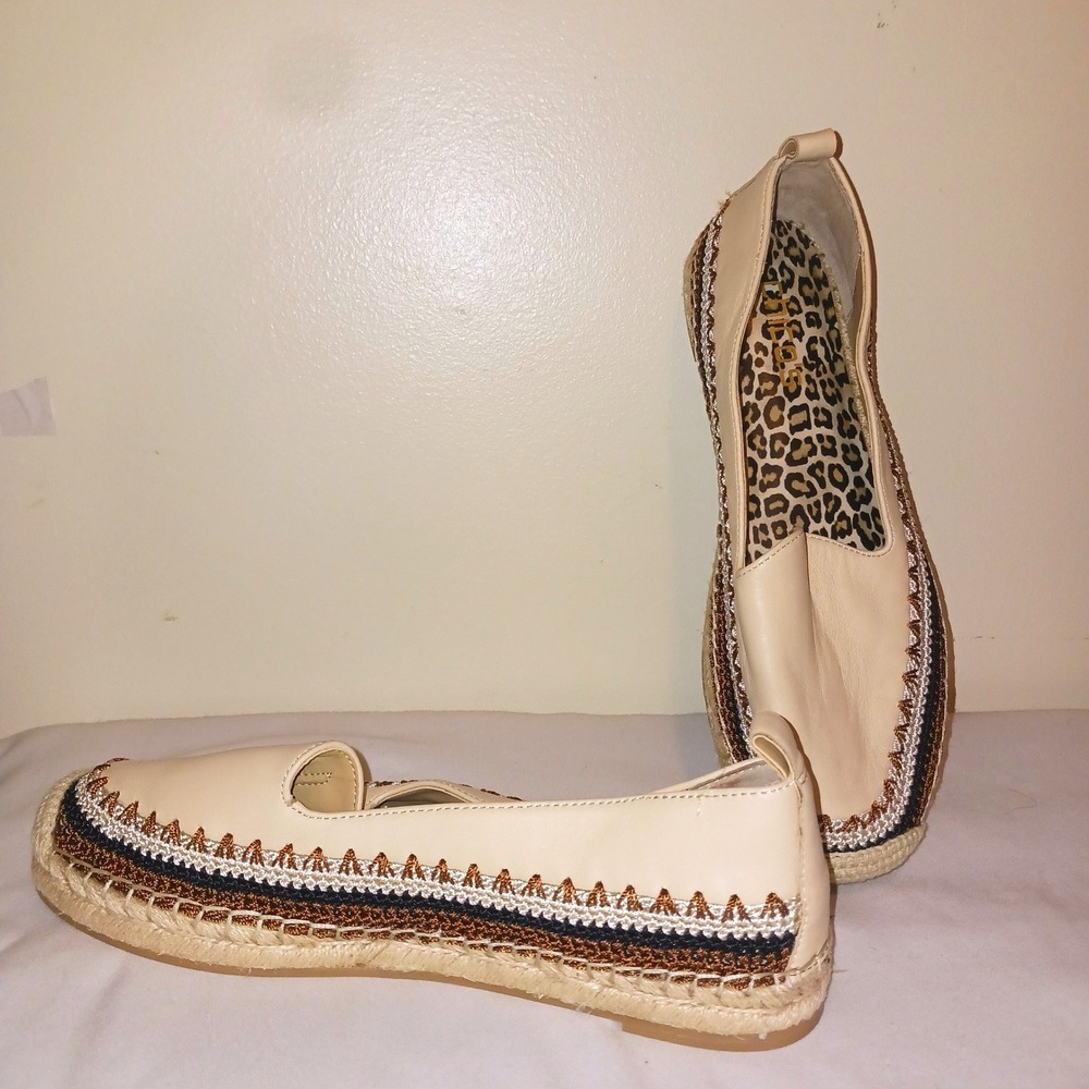 Chicos Classic Coastal Leather Espadrille Flats Embroidered Leopard Print 8.5